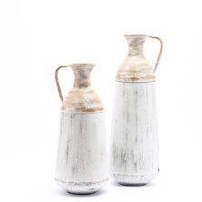 LuxenHome Set Of 2 Distressed Off White And Rustic Brown Metal Pitcher Vase Luxen Home