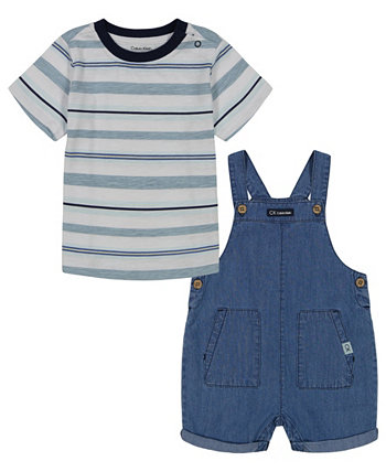 Baby Boys Chambray Shortalls and Striped Short Sleeve T-shirt Set, 2 piece Calvin Klein
