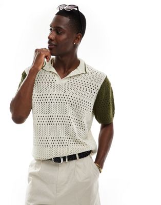 Мужская рубашка-поло ASOS DESIGN с контрастными рукавами в каменном и хаки цвете ASOS DESIGN