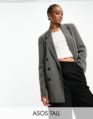 Серый двубортный пиджак в тонкую полоску ASOS DESIGN Tall ASOS Tall