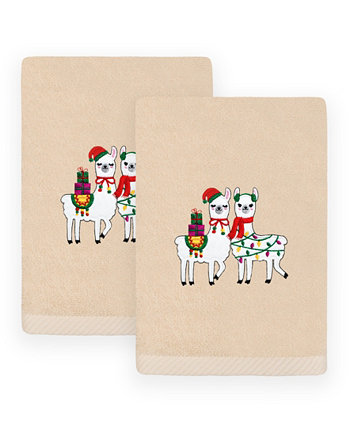 Christmas Llamas Embroidered Luxury 100% Turkish Cotton Hand Towels, 2 Piece Set Linum Home