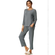 Womens Loose Soft Modal Pajama Sets Sleepwear Long Sleeve Shirt and Wide-leg Sleep Pants Cheibear