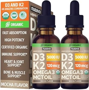 (2 Pack) Organic Vitamin D3 K2 Drops (Капли) w MCT Oil Omega 3, 5000 IU, Maximum Strength Vitamin D Liquid (Жидкость) 5000 IU, No Fillers, Non-GMO Liquid D3 for Faster Absorption & Immune Support (Mocha, 2 Fl Oz) NUSAVA