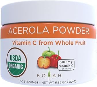 KOYAH - Organic Acerola Powder: Freeze-Dried, 100% Pure, 500 mg Natural Vitamin C per Scoop, Whole-Food, Non-GMO, Vegan, 60 Servings, Made from acerola Cherries Grown in Brazil KOYAH