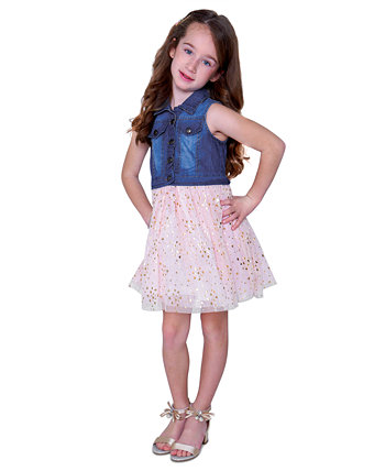 Little Girls Denim Vest to Foil Printed Mesh Skirt Dress Rare Editions
