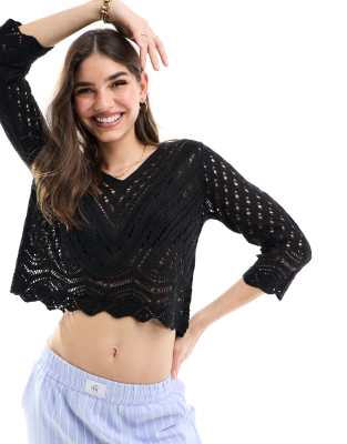 JDY open knit scallop edge top in black Jdy