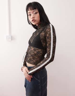 Monki long sleeve top in lace with silver tape in black Monki