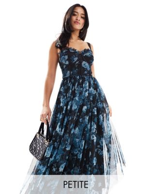 Lace & Beads Petite corset midi dress in blue floral LACE & BEADS