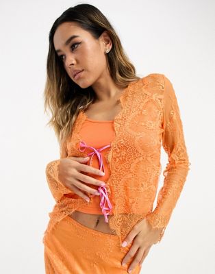 Оранжевый кружевной топ с контрастными завязками Never Fully Dressed — часть комплекта NEVER FULLY DRESSED