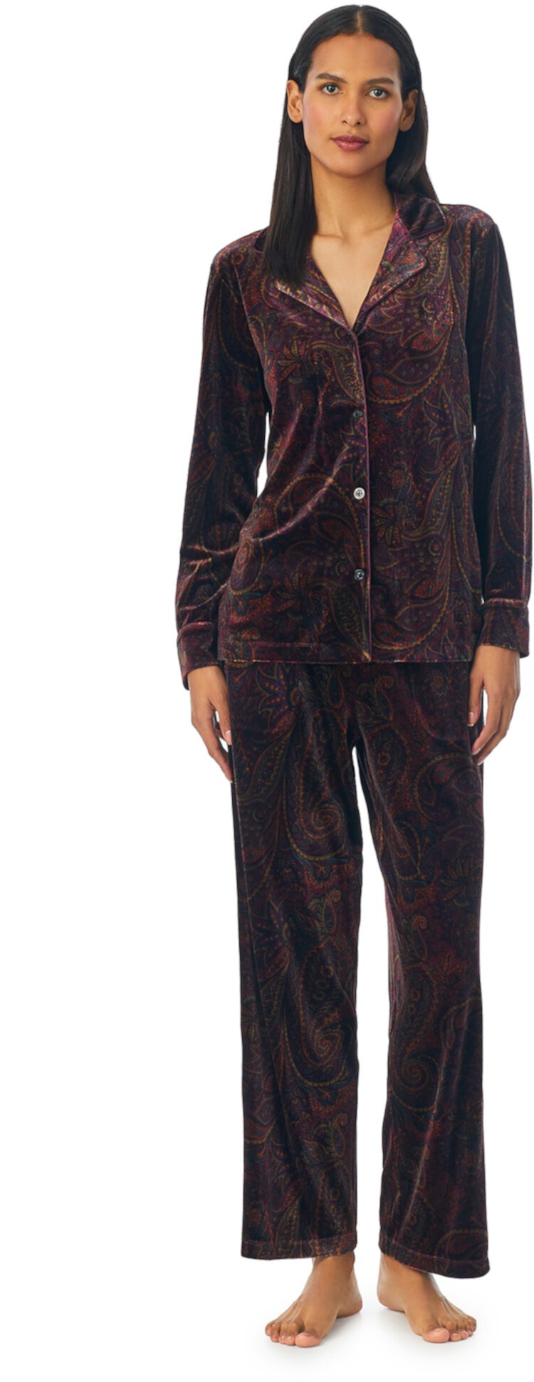 Длинный пижамный комплект с бархатным воротником с длинными рукавами LAUREN Ralph Lauren