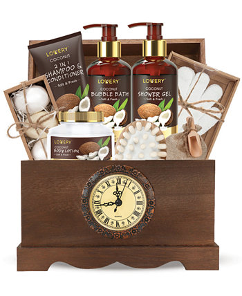 Подарочный набор для ухода за телом в винтажной коробке с часами, расслабляющий домашний спа-набор с кокосом, 13 предметов Lovery