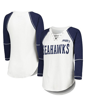 Женская белая темно-синяя футболка Seattle Seahawks Rebel Raglan с рукавами три четверти, шнуровкой и v-образным вырезом Touch