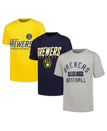 Комплект из трех футболок Big Boys Heather Grey, Navy, Gold с потертостями Milwaukee Brewers Stitches