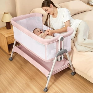 ANGELBLISS Flat Bedside Bassinet with Storage Basket, Easy Folding Portable Crib with Wheels, Included Breathable Mesh, Cozy Mattress(Pale Pink)(0-6 months) ANGELBLISS