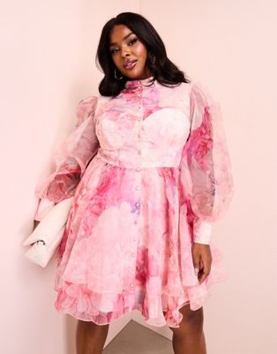 ASOS LUXE Curve organza swing dress with pussybow in floral print ASOS Luxe