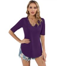 Women Lace Trim V Neck Tshirt Half Sleeve Blouse Basic Tees Summer Tunic Solid Casual Tops MISSKY