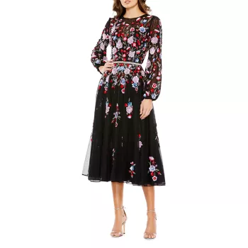 Платье миди с пышными рукавами и цветочным принтом, расшитым пайетками MAC DUGGAL