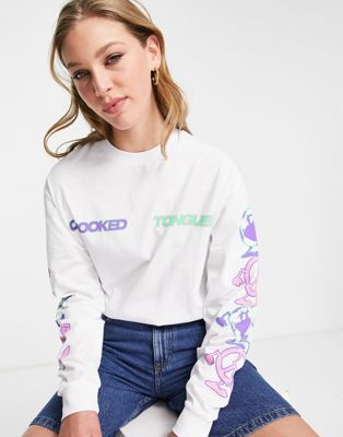 Crooked Tongues long sleeve T-shirt with peace graphic in white Crooked Tongues