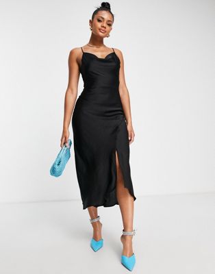 Черное атласное платье-комбинация миди Trendyol TRENDYOL