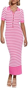 Saodimallsu Womens Bodycon Long Knit Dresses Summer Short Sleeve Striped V Neck Polo Elegant Midi Sweater Dress Saodimallsu