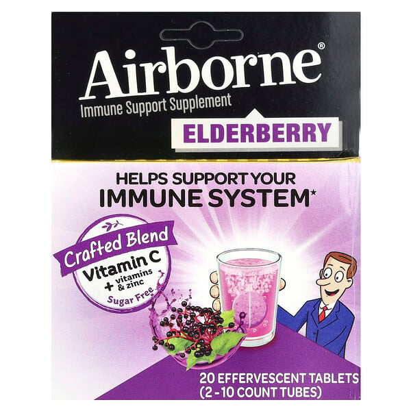 Добавка для поддержки иммунитета, бузина, 2 тюбика, по 10 шипучих таблеток в каждом AirBorne