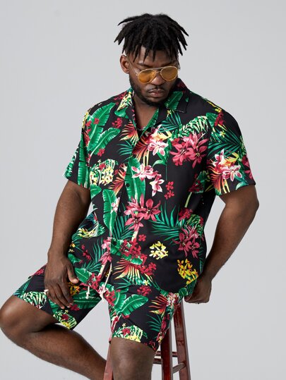 Extended Sizes для мужчины Рубашка с тропическим принтом & Шорты на кулиске SHEIN