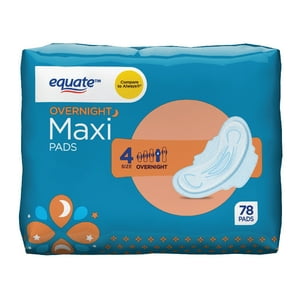 Equate Maxi Pads with Wings, Unscented, Overnight, Size 4 (78 Count) Equate