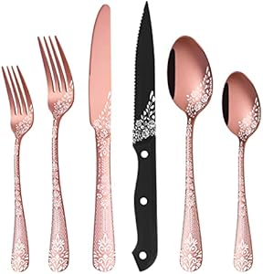 EUIRIO 36-Piece Black Silverware Set with Steak Knives, Black Flatware Set for 6, Stainless Steel Mirror Cutlery Set, Spoons Forks Knives Set with Unique Floral Laser, Eating Utensils, Dishwasher Safe EUIRIO