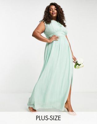 Шифоновое платье макси TFNC Plus Bridesmaids шалфейного цвета с кружевной отделкой TFNC