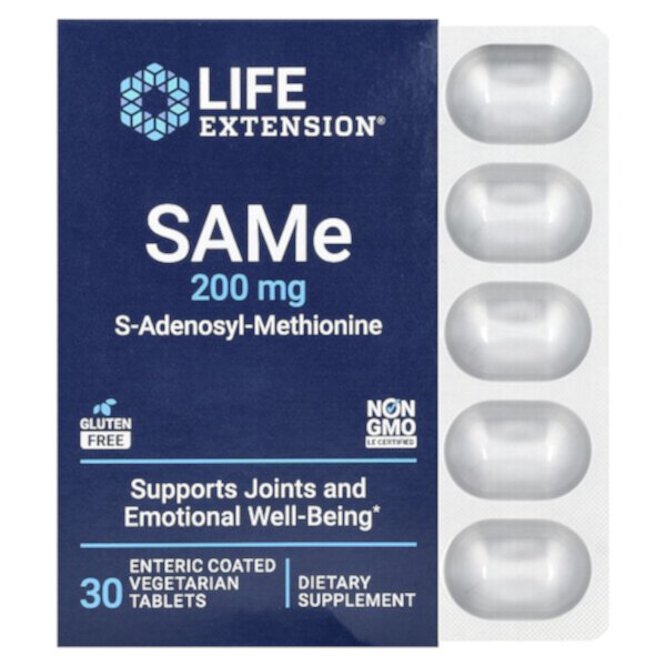 SAMe S-Аденозил-Метионин - 200 мг - 30 энтеросолюбильных вегетарианских таблеток - Life Extension Life Extension