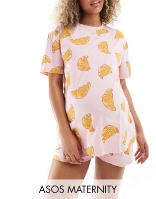 ASOS DESIGN Maternity croissant oversized tee & short pajama set in pink ASOS DESIGN