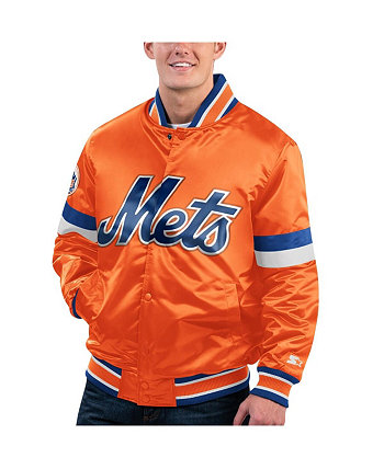 Мужская оранжевая университетская атласная куртка с длинными кнопками и потертостями New York Mets Home Game Starter