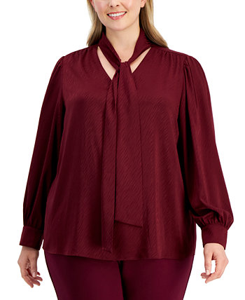 Атласная жаккардовая блузка больших размеров с завязками на воротнике Anne Klein