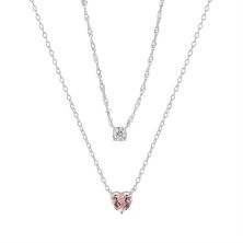PRIMROSE Ожерелье из стерлингового серебра с кубическим цирконием и розовым кристаллом в форме сердца из двух нитей PRIMROSE