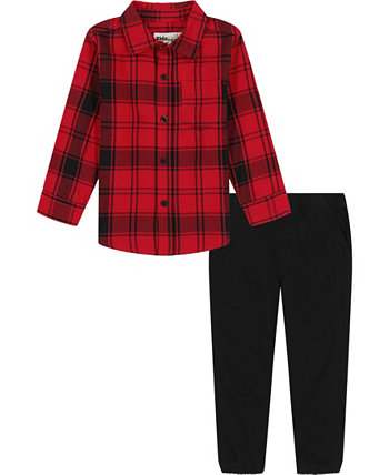 Toddler Boys Twill Plaid Long Sleeves Button-Front Shirt and Twill Joggers, 2 Piece Set Kids Headquarters