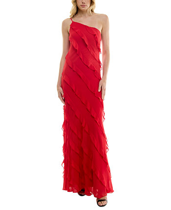 Juniors' Tiered Ruffled One-Shoulder Gown B Darlin