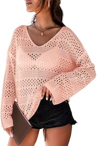 Dokotoo Women's Summer Crochet Hollow Out Blouse Shirts Casual Long Sleeve Beach Bikini Swimsuit Mesh Cover Up Tops Dokotoo