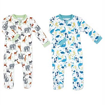 Baby Boys And Baby Girls 2 Pack Zippered Footies, Dino & Safari Baby Mode