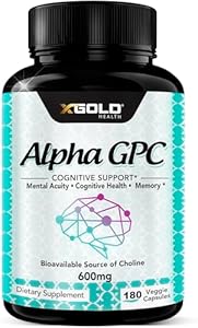 Alpha GPC Choline Supplement 600mg, 99%+ Highly Purified, Highly Bioavailable Source of Choline,120 Veggie Capsules (Капсулы на растительной основе), Cognitive Enhancer Nootropic, Supports Memory & Brain Function, Boosts Focus & Mood X Gold Health