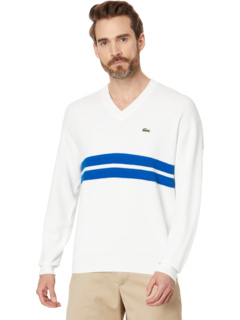Long Sleeve Relaxed Fit V-Neck Sweater with Stripes Lacoste