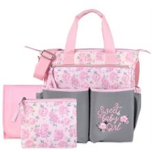 Baby Essentials &#34;Sweet Baby Girl&#34; Diaper Bag Tote 3-Piece Set with Changing Station Baby Essentials