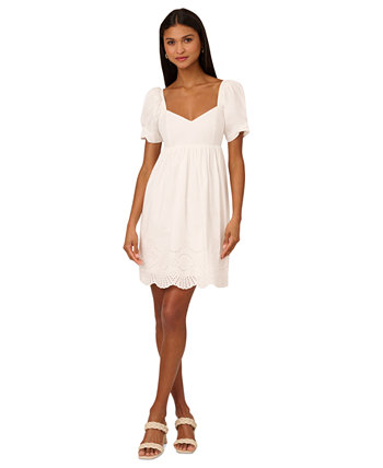 Women's Cotton Eyelet Puff-Sleeve Fit & Flare Dress Adrianna by Adrianna Papell