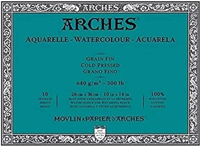 ARCHES Aquarelle – Block of 10 Sheets 26 x 36 cm Glued on 4 Sides – 640 g/m² – Satin Grain, Natural White, 4 Free Edges Arches