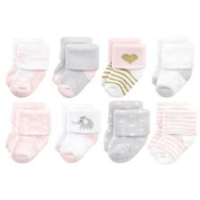 Hudson Baby Infant Girls Cotton Rich Newborn and Terry Socks, Pink Gray Elephant Hudson Baby