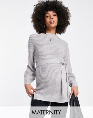 Missguided Maternity belted sweater in gray Missguided Maternity