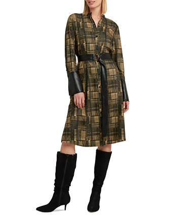 Women's Twill Plaid Faux-Leather-Trim Dress H HALSTON