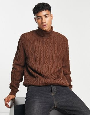 ASOS DESIGN heavyweight cable knit roll neck jumper in brown ASOS DESIGN