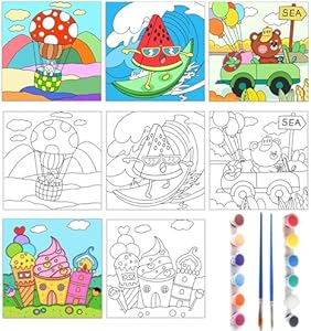 4 Pcs Kids Pre Drawn Canvas to Paint, 8 x 8 Inch Canvas Painting Kits with 12 Acrylic Paint Sets and 2 Brushes, Pre Sketched Canvas Set for Painting for Girls Boys Beginner Artists (Cute Animal) BriCabel