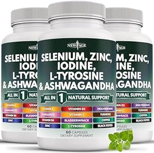 Selenium 300mcg Zinc 50mg Iodine 500mcg L Tyrosine 500mg Ashwagandha 6000mg - Thyroid Support Supplement for Women and Men with Bladderwrack, Turmeric, Silica Kelp, Schisandra - 60 Count NEW AGE