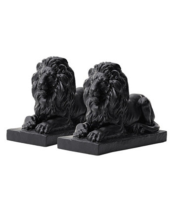 Set of 2 Black Lying Lion Garden Statue Glitzhome